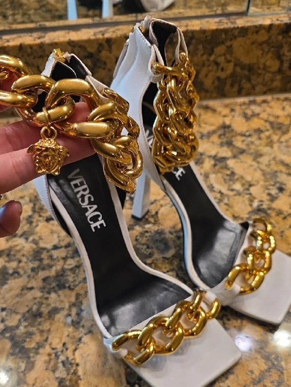 Versace White Heeled Sandals with Gold Chain Accents - Picture 4 of 12